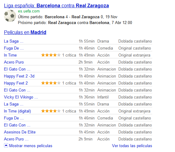 Google: Resultados o horarios de partidos de fútbol y películas en el cine