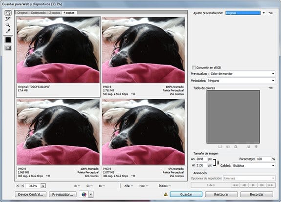 Optimizar imágenes: Adobe Photoshop Save for Web.