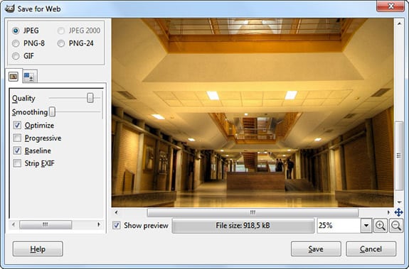 Optimizar imágenes: GIMP: Save for web.