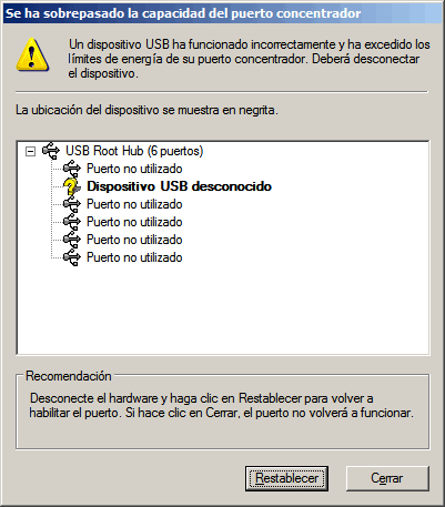sobrepasado capacidad puerto concentrador usb