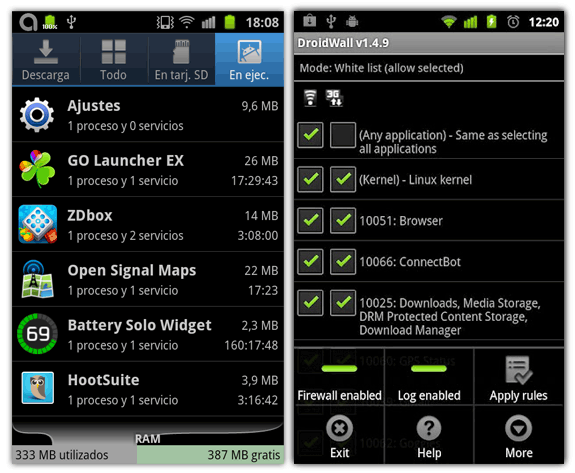 Servicios activos y Droidwall, un firewall para Android