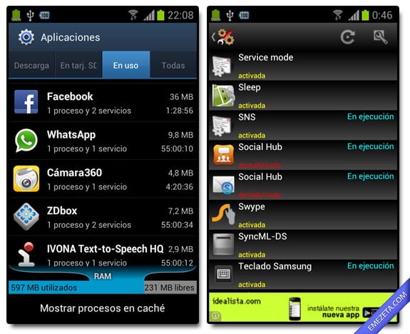 Apps en uso, servicios y aplicaciones en segundo plano