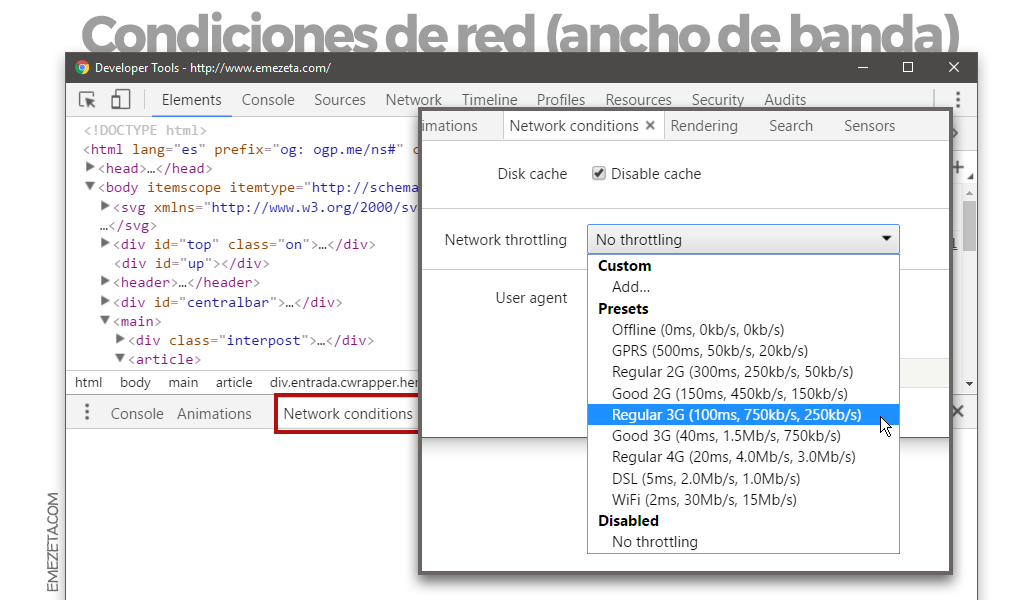 Emular conexión móvil en Chrome