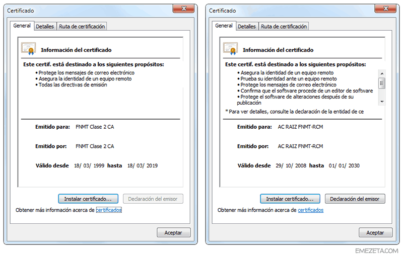 Instalar en el sistema los certificados digitales de la FNMT