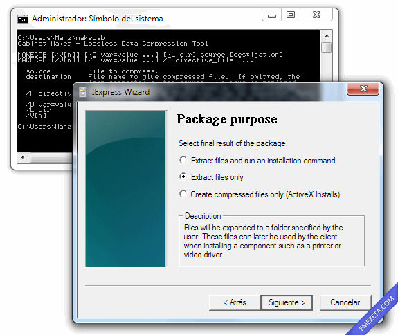 Microsoft IExpress: Interfaz gráfica del MakeCAB (Cabinet Maker) de Windows