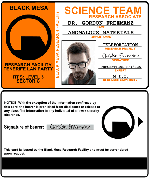 Tarjeta de identificación del cosplay del personaje Gordon Freeman (Half-life)