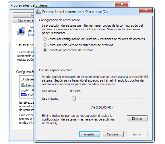 Protección del sistema (Desactivar restauración de Windows)