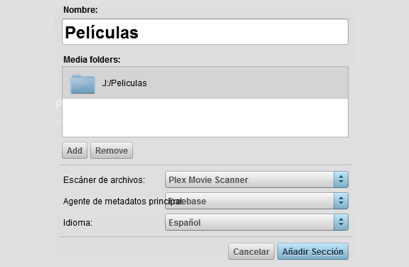 Plex Media Manager: Diálogo para añadir archivos multimedia