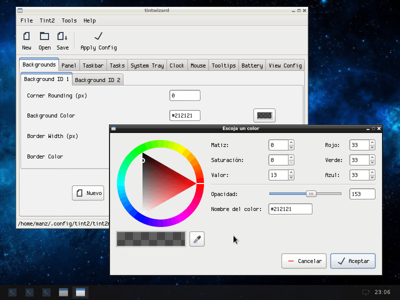 Panel tint2 configurado para mostrar una barra inferior con sólo iconos
