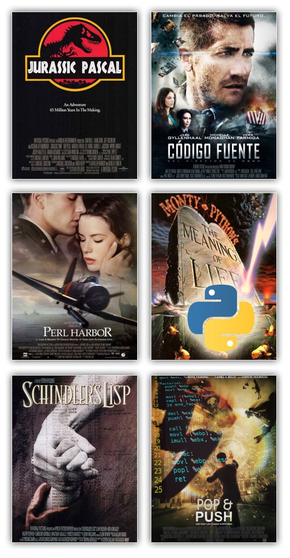 Peliculas informaticas: jurassic pascal, codigo fuente, perl harbor, monty python, schindler lisp, pop and push