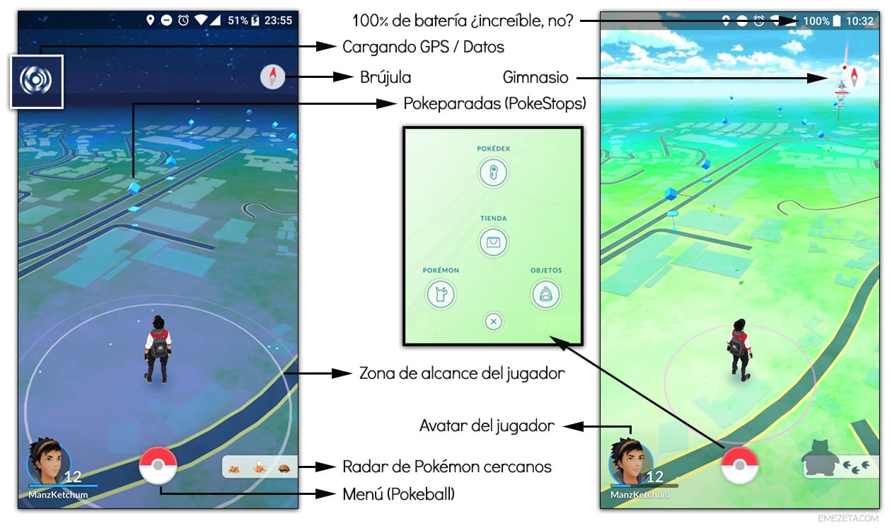 Interfaz principal de Pokémon Go