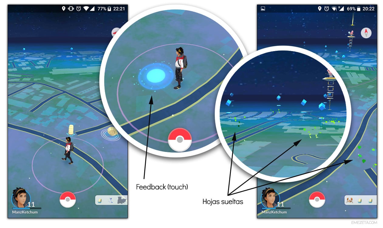 Círculo azul y hojas verdes en Pokémon Go