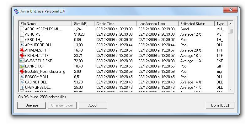 Recuperación de datos: Captura de pantalla de Avira UnErase