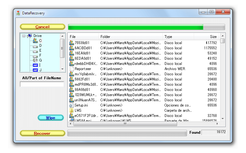 Recuperación de datos: Captura de pantalla de Data Recovery