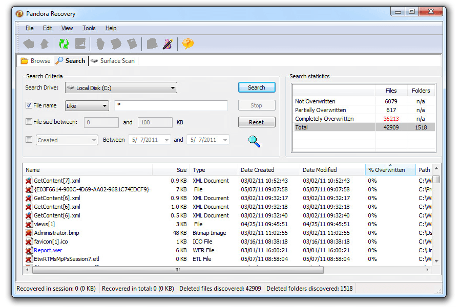Recuperación de datos: Captura de pantalla de Pandora Recovery