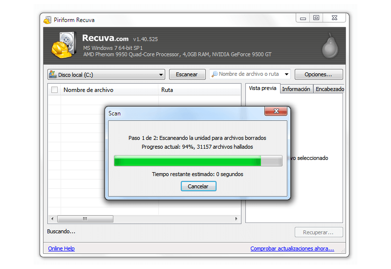 Recuperación de datos: Captura de pantalla de Recuva