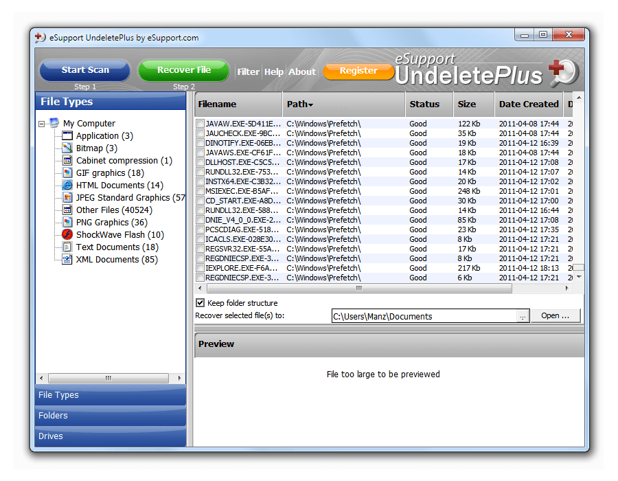 Recuperación de datos: Captura de pantalla de Undelete Plus