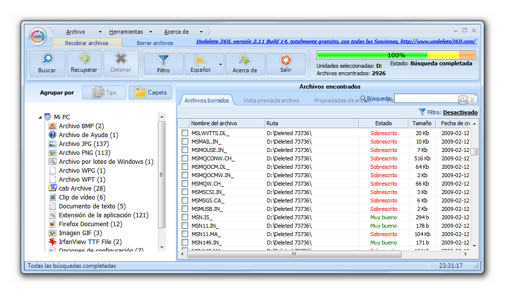 Recuperación de datos: Captura de pantalla de Undelete 360