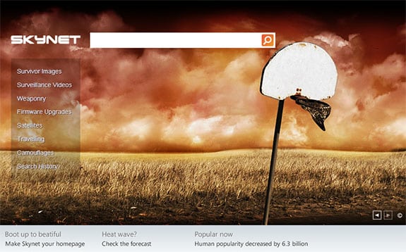 Página web corporativa de Skynet al estilo del buscador de Microsoft, Bing