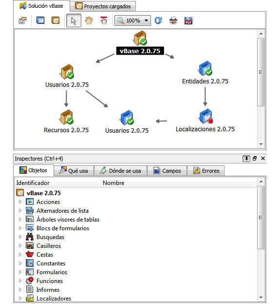 Velneo vDevelop: Panel de soluciones y objetos.