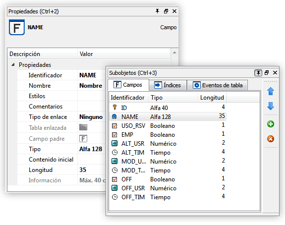 Velneo vDevelop: Panel de propiedades y subobjetos.