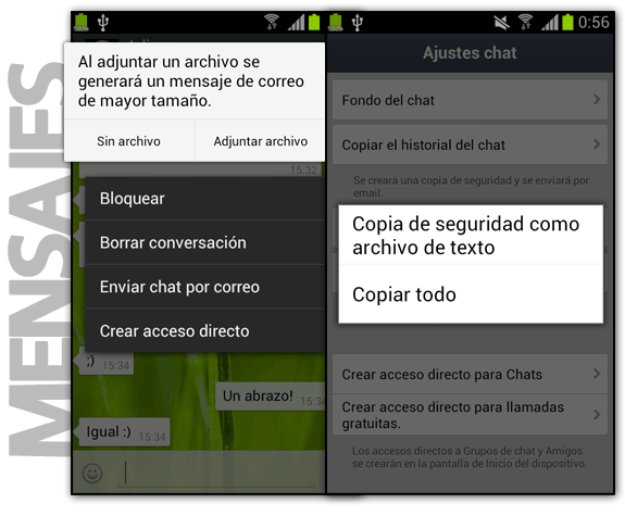 Historial: Enviar chat por correo WhatsApp y Copia de seguridad de chat en LINE